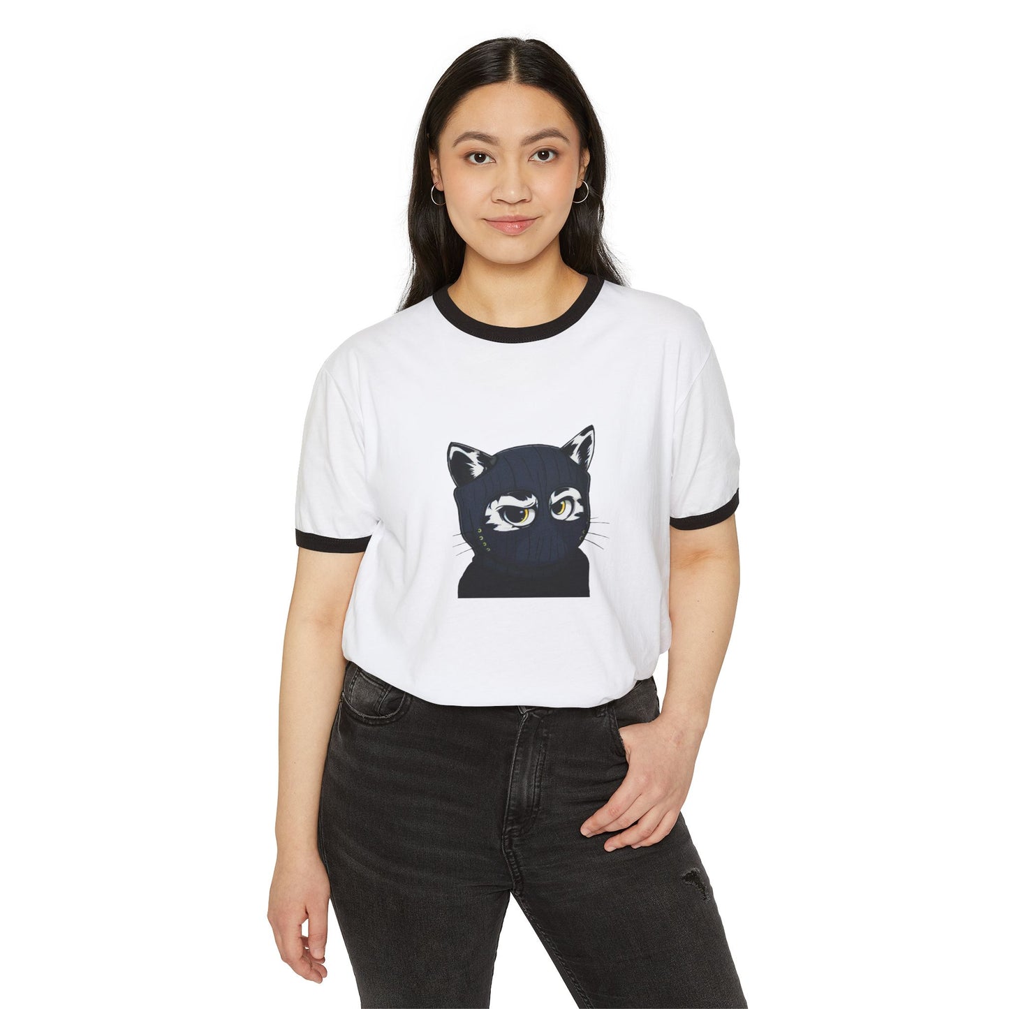 Yellow eyes Skitten, Unisex Cotton Ringer T-Shirt - Creator Design - Casual Style for Cat Lovers and Ballers