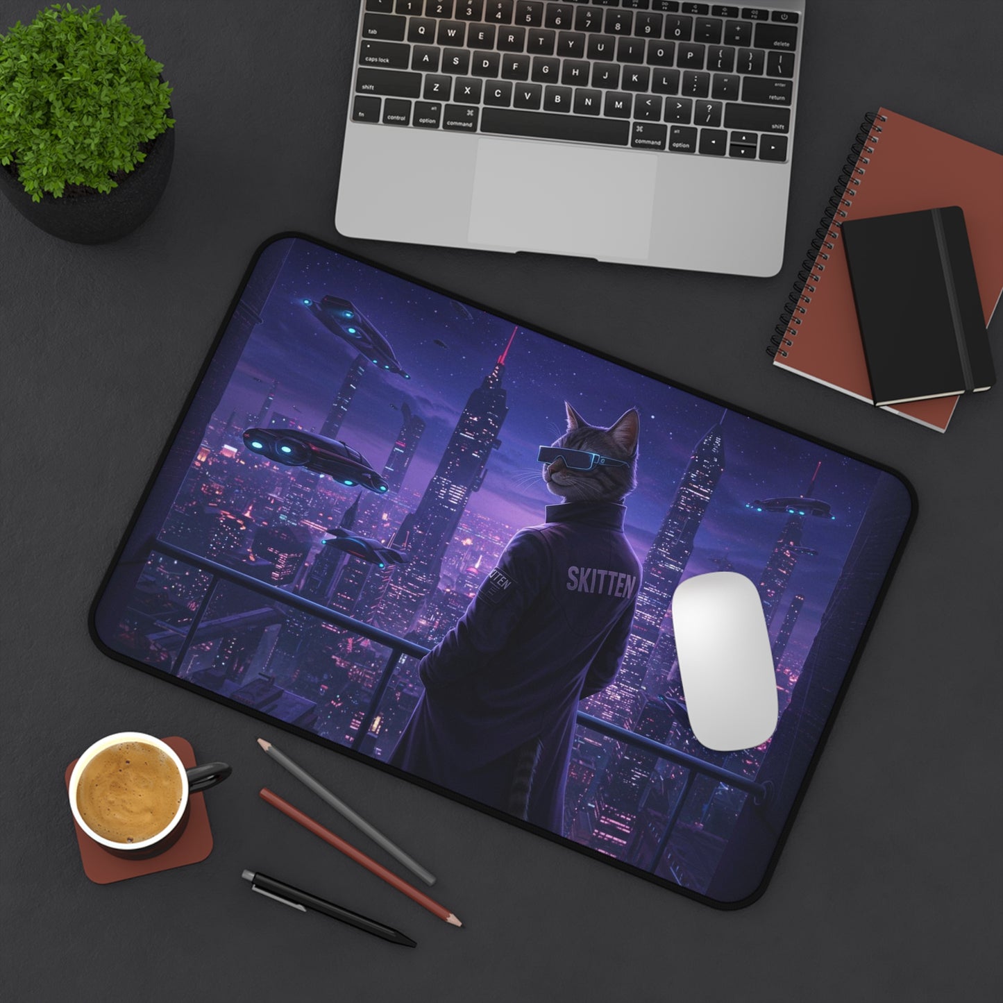 Cosmic Cat Skitten Desk Mat - Creator Design - Futuristic Sci-Fi Art for Cat Lovers